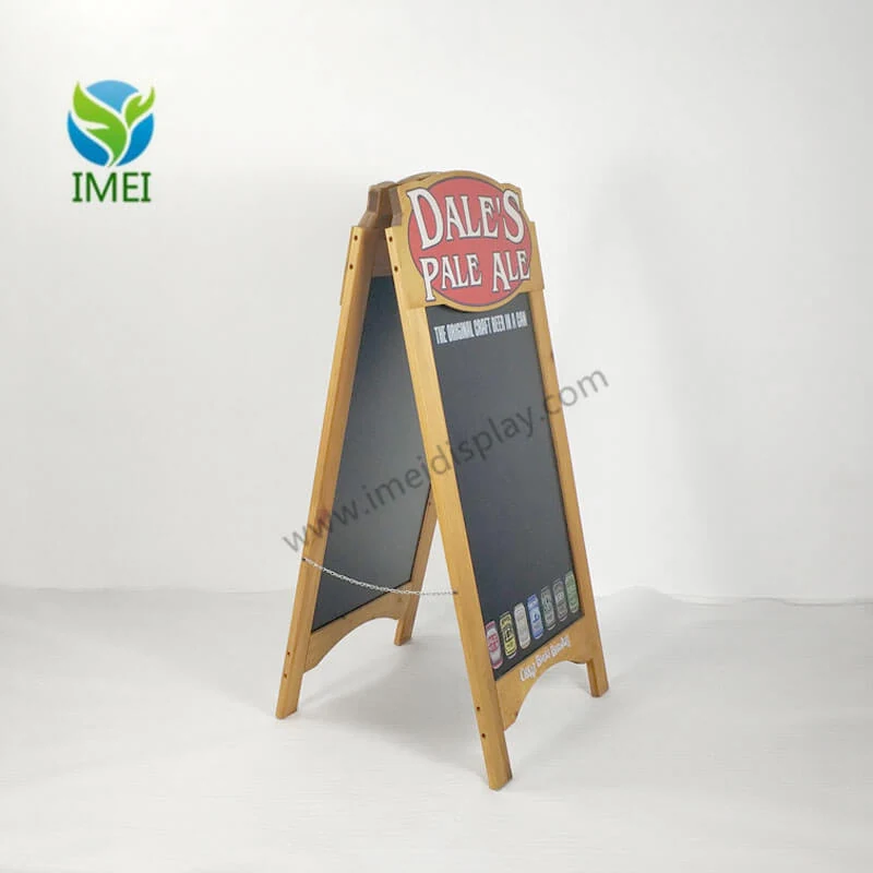 Close-up view of the printed brand panel on a wooden A-frame chalkboard