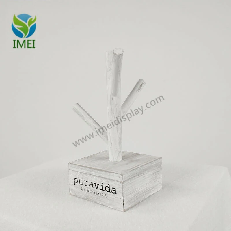 Jewelry counter display with custom shape and full-colour UV printing on a wooden and metal frame