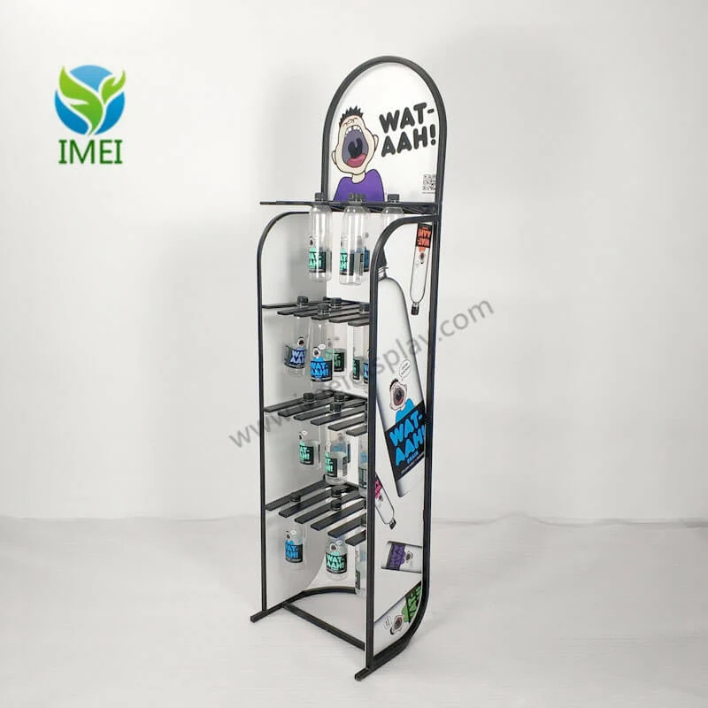Flat-packed metal drink display showing the folded structure and packaging