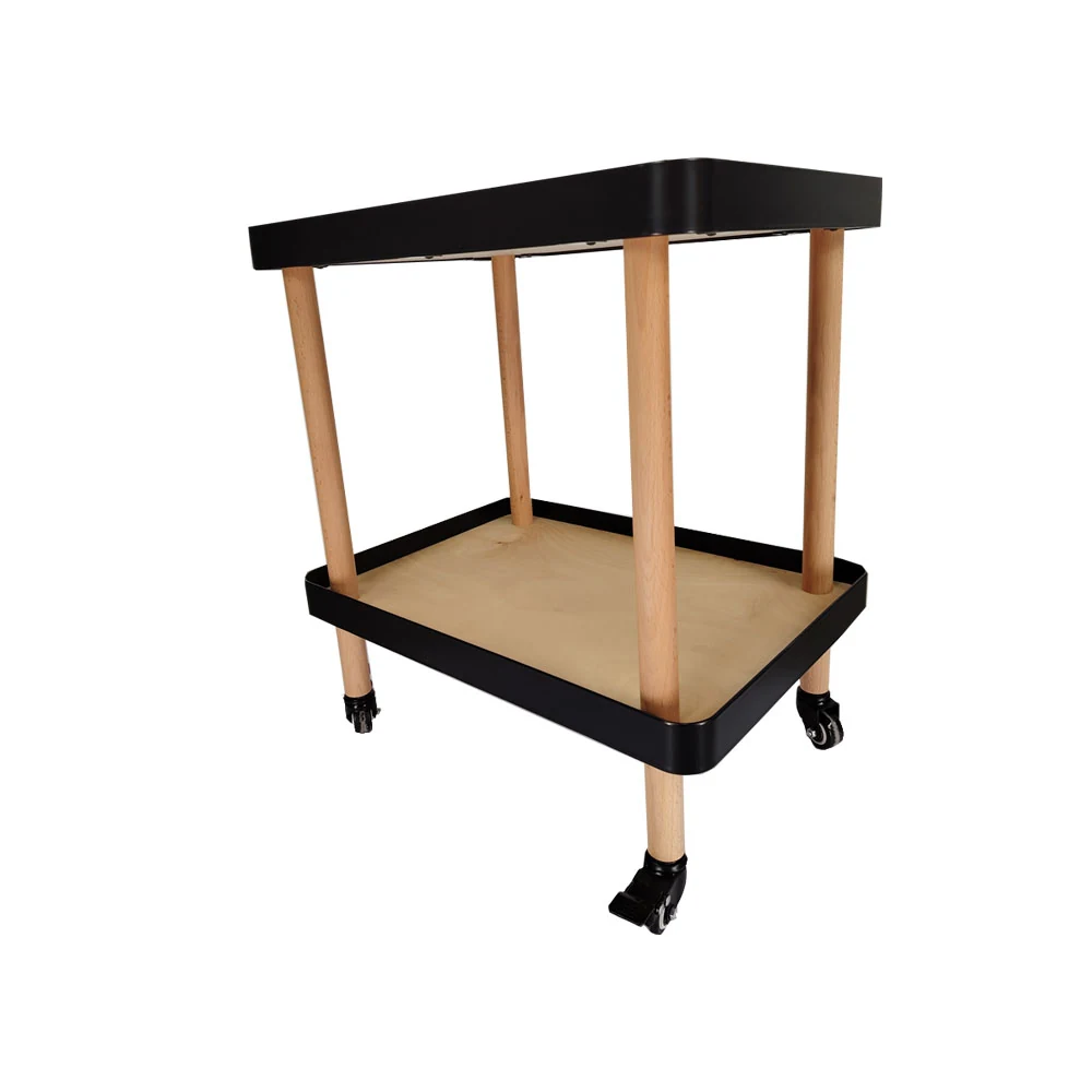 Custom mixed-material retail rack standing upright in a workshop, showing adjustable shelves