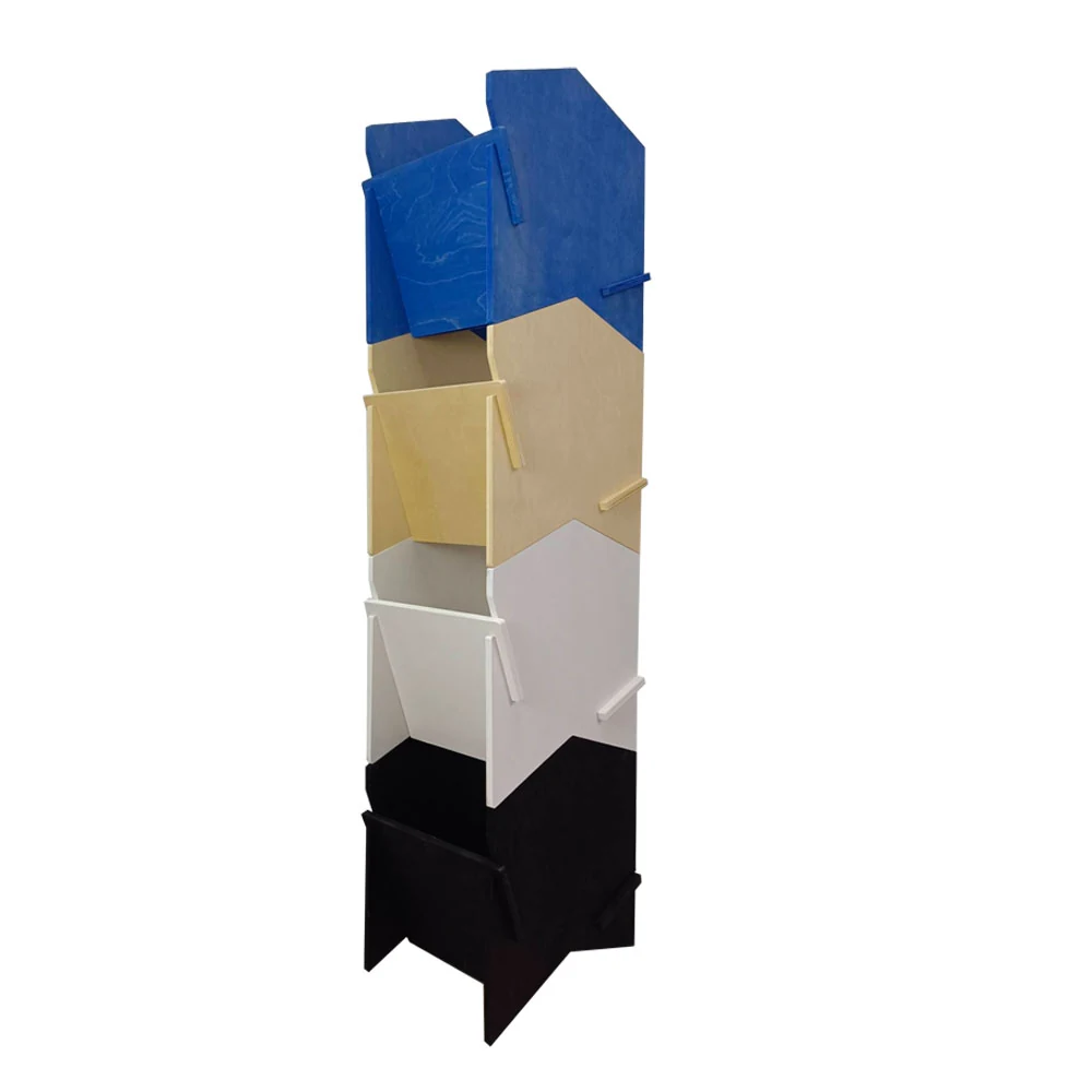 Adjustable metal shelving unit standing upright in a warehouse setting
