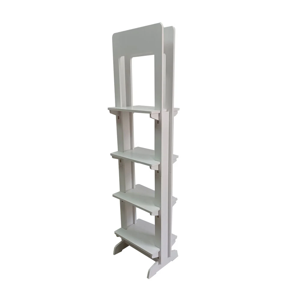 Freestanding mixed-material rack with clean lines standing in a home office setting