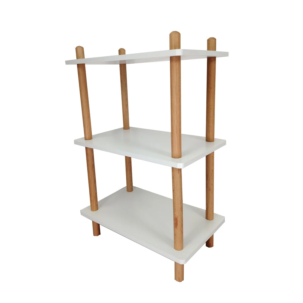 Wood rack with rounded corners and natural finish standing upright in a retail setting
