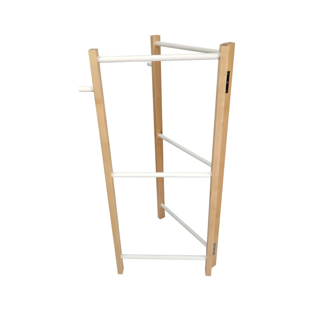 Close-up of a wooden and metal coat rack with custom finish and branding