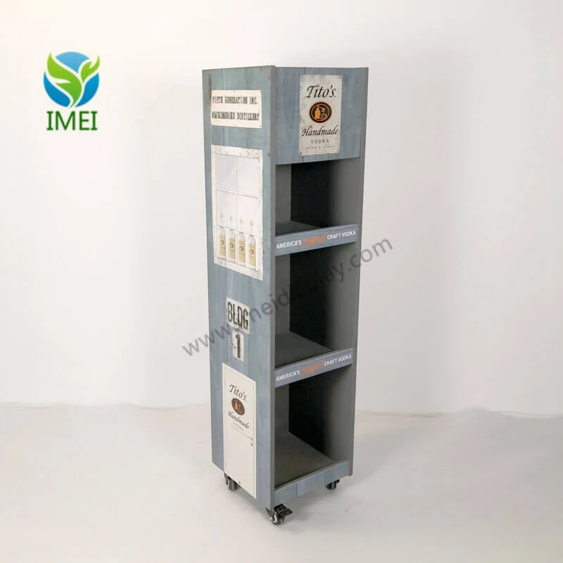 Wooden floor display with castors standing upright in a retail setting