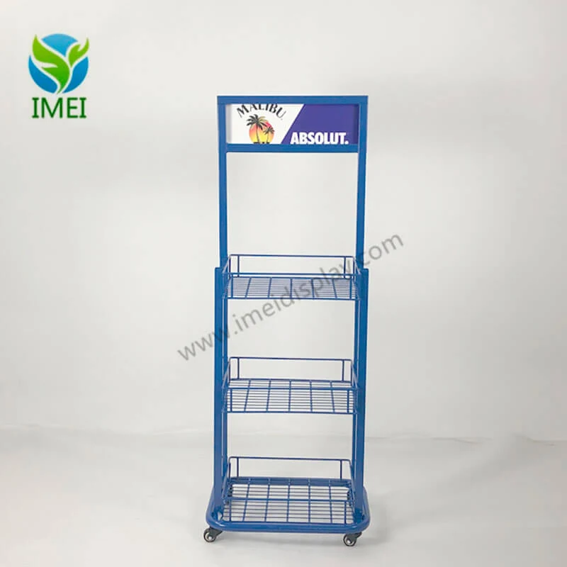 Metal vodka display shown from the front with bottle slots and printed graphics