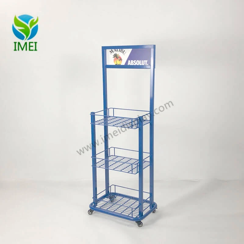 Side view of a flat-packed metal vodka display ready for shipping