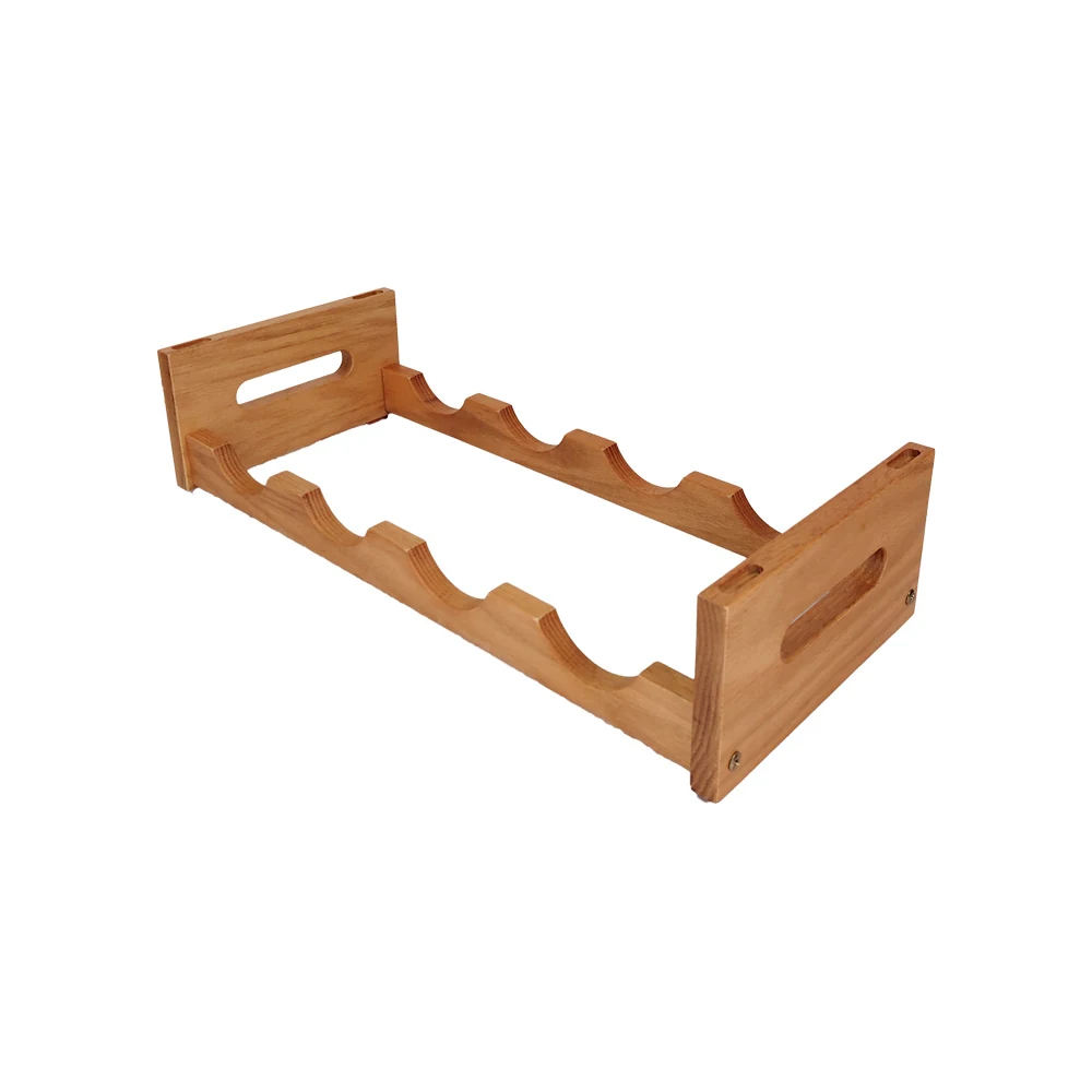 Stackable acacia wood wine rack standing upright on a wooden table