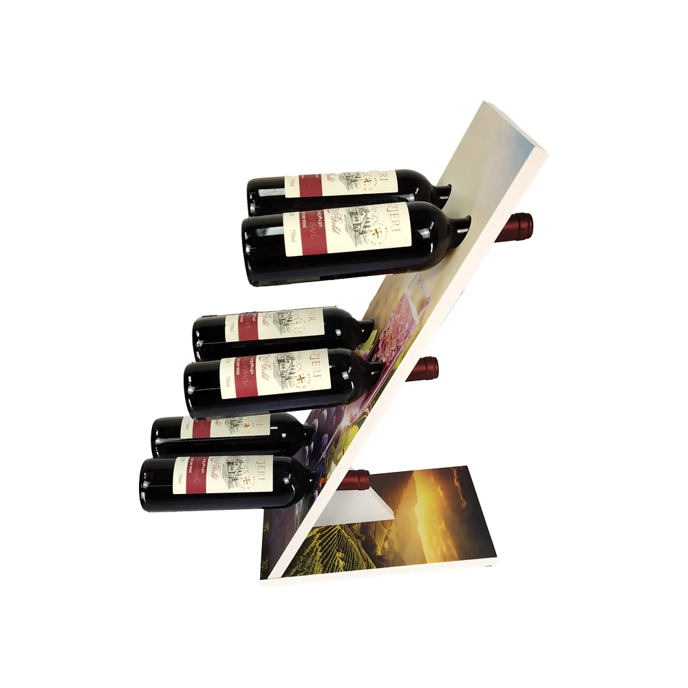 Wood and metal wine rack displayed in a retail setting with bottles stored on their sides