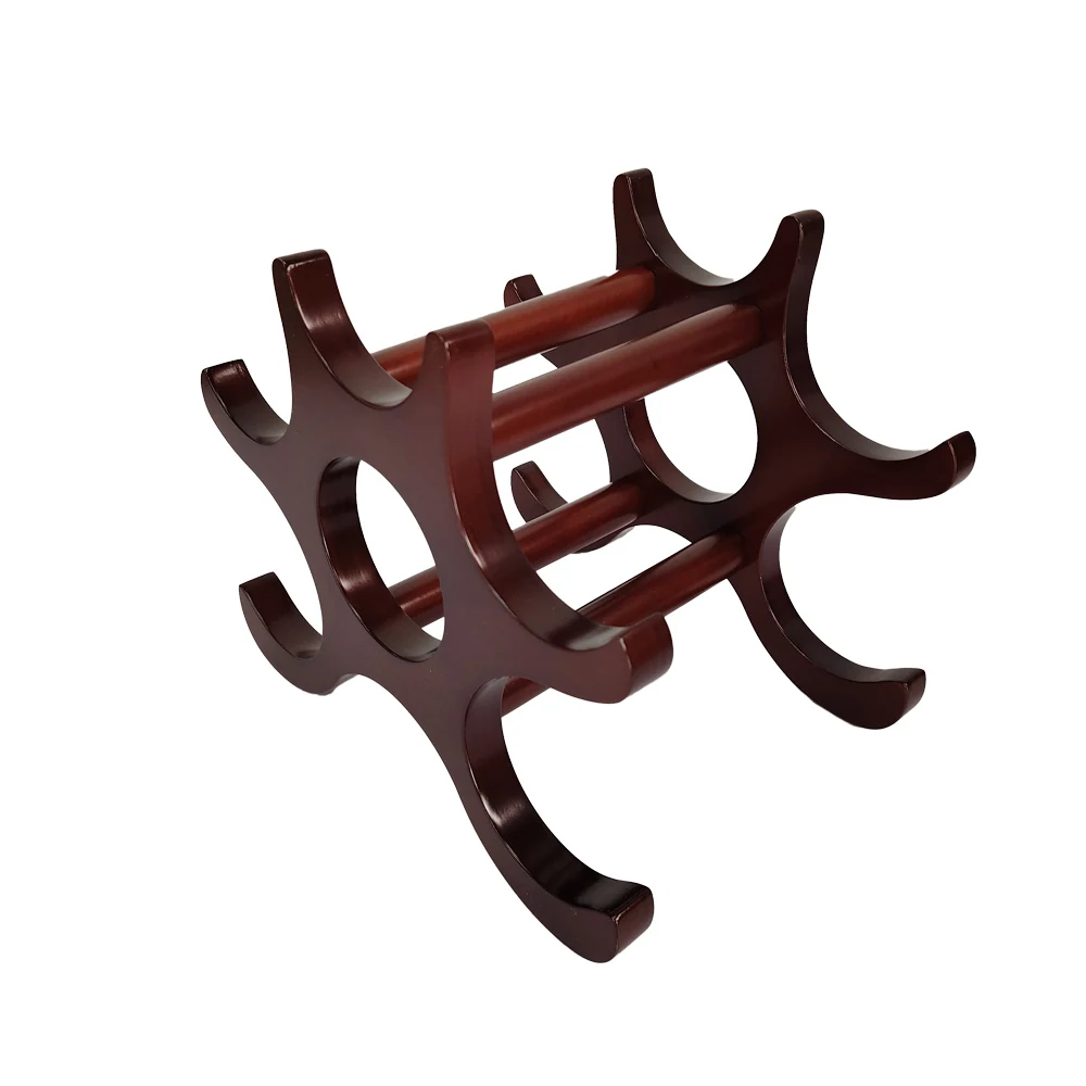 Single-piece wooden wine rack made from natural logs, standing upright on a wooden surface