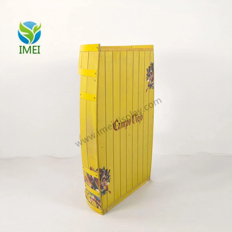 Close-up of full-colour UV-printed logo on the wooden surface of a barrel display