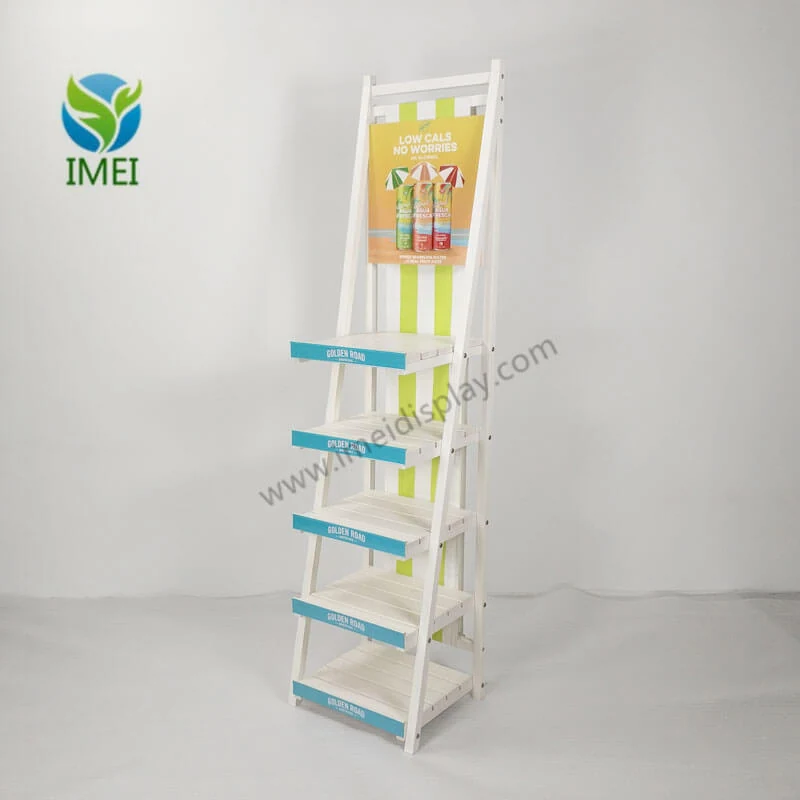 Wooden floor display with fabric color lines on shelves and 4-color logo printing