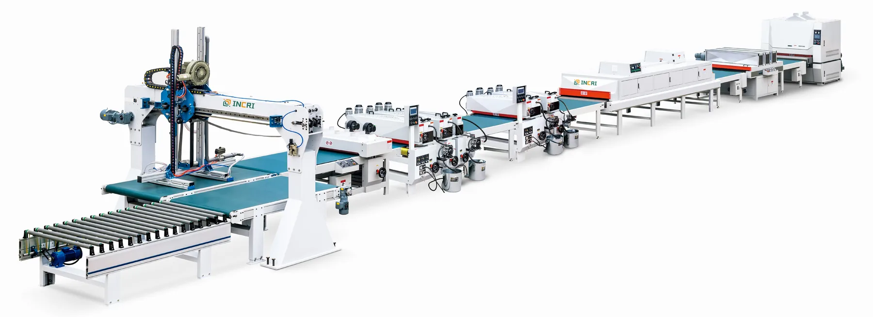 woodworking panel Automatic roller coater line for kitchen cupboard, front view on the assembly floor