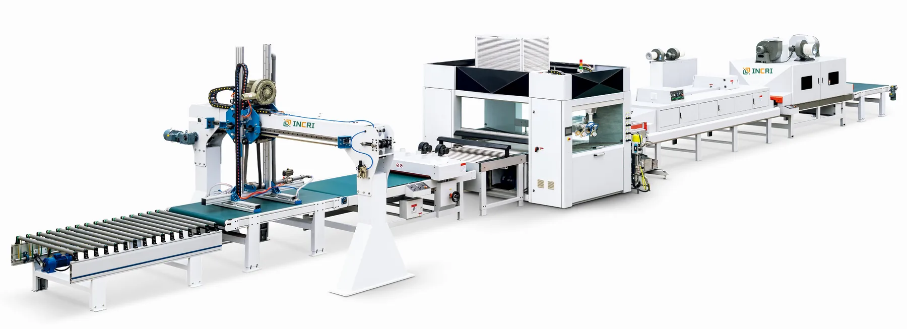 woodworking panel Automatic Spraying line UV PU paint primer, front view on the assembly floor