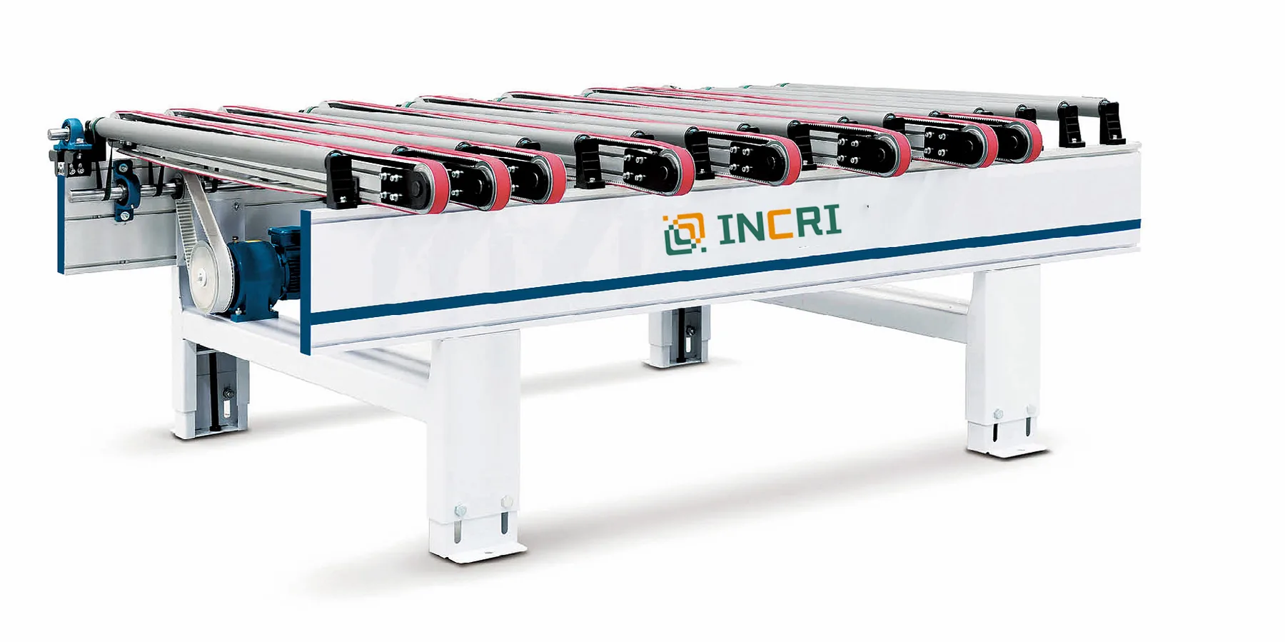 Wooden Door Series-Powered Roller Conveyor with Translation Device power, front view on the assembly floor