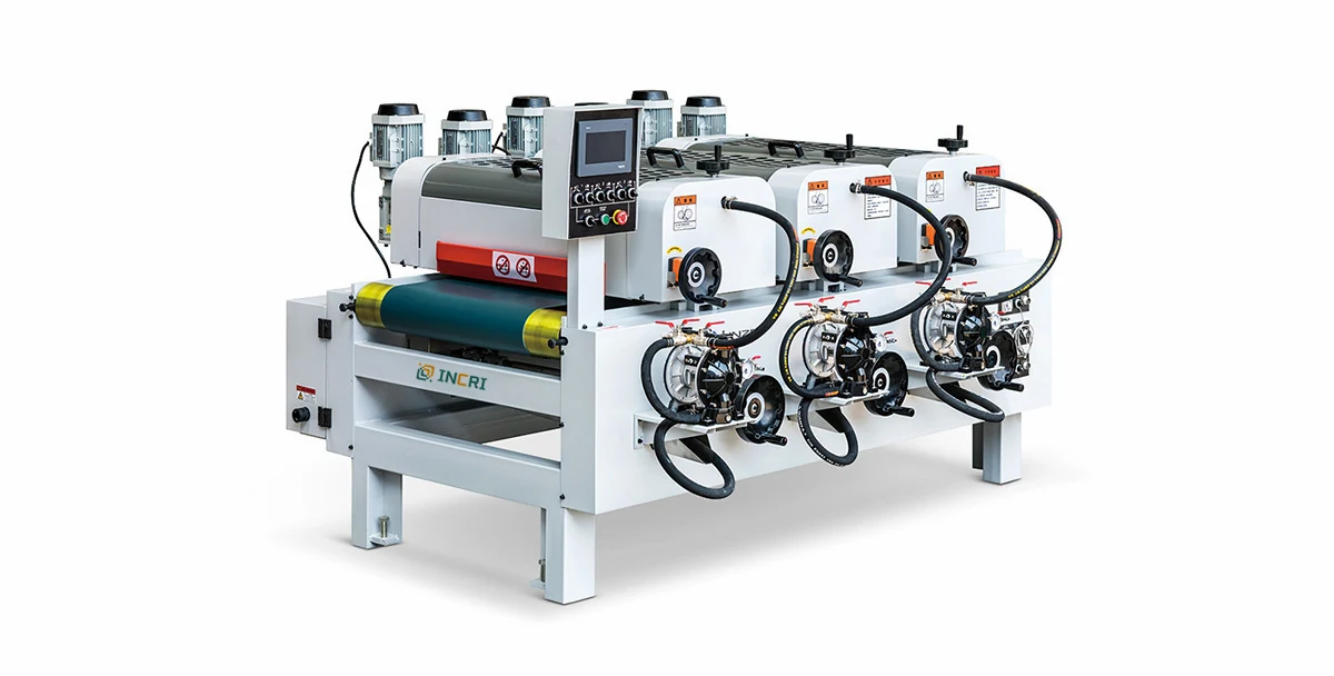 Three Heads Paint Roller Coater Machine roller coating machine, front view on the assembly floor