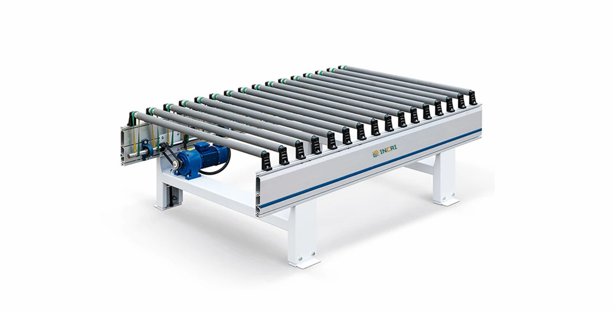Roller conveyor machine for wood door floor production conveyor, front view on the assembly floor