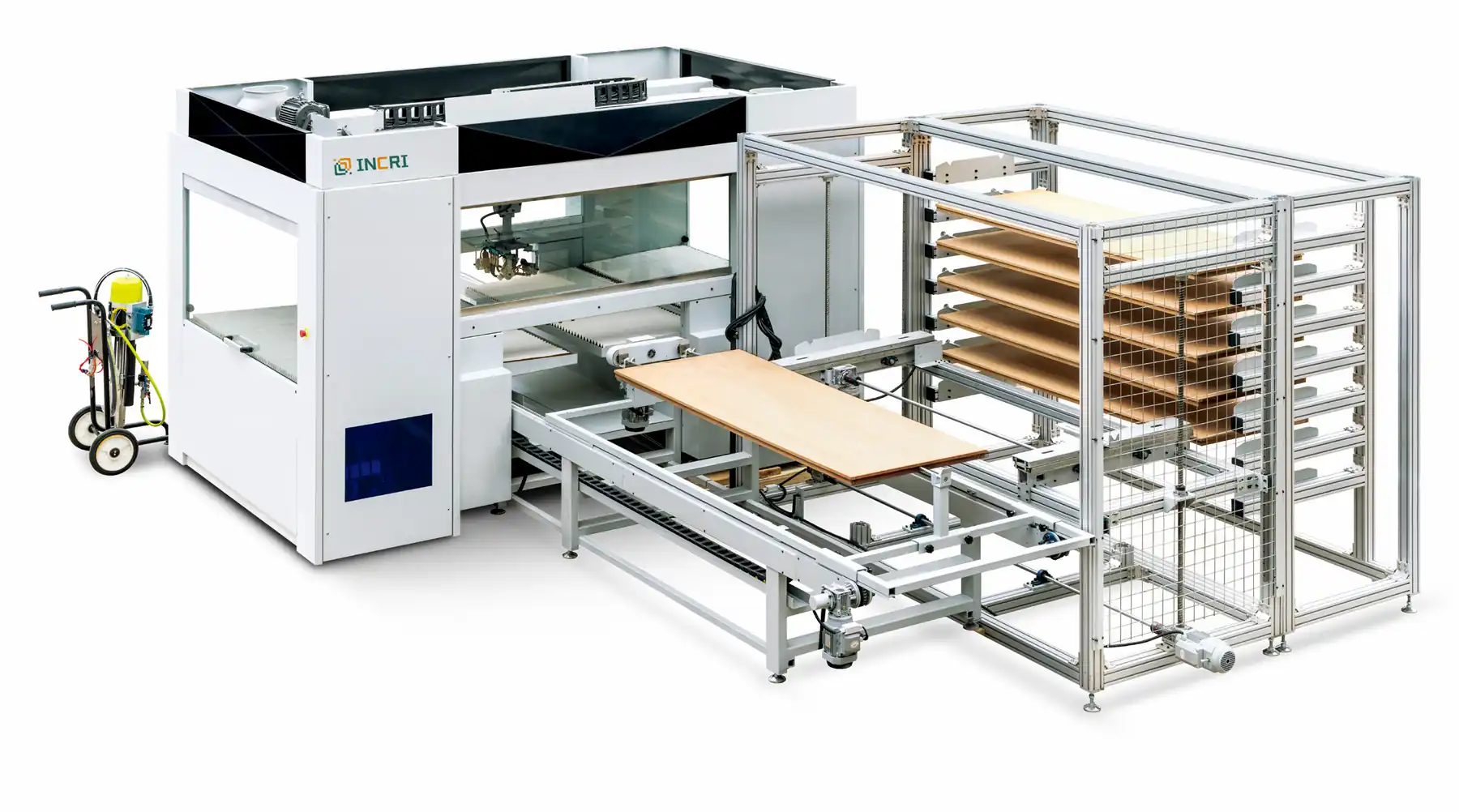 Automatic UV PE Spray painting Machine Slightness Surface Wood, front view on the assembly floor