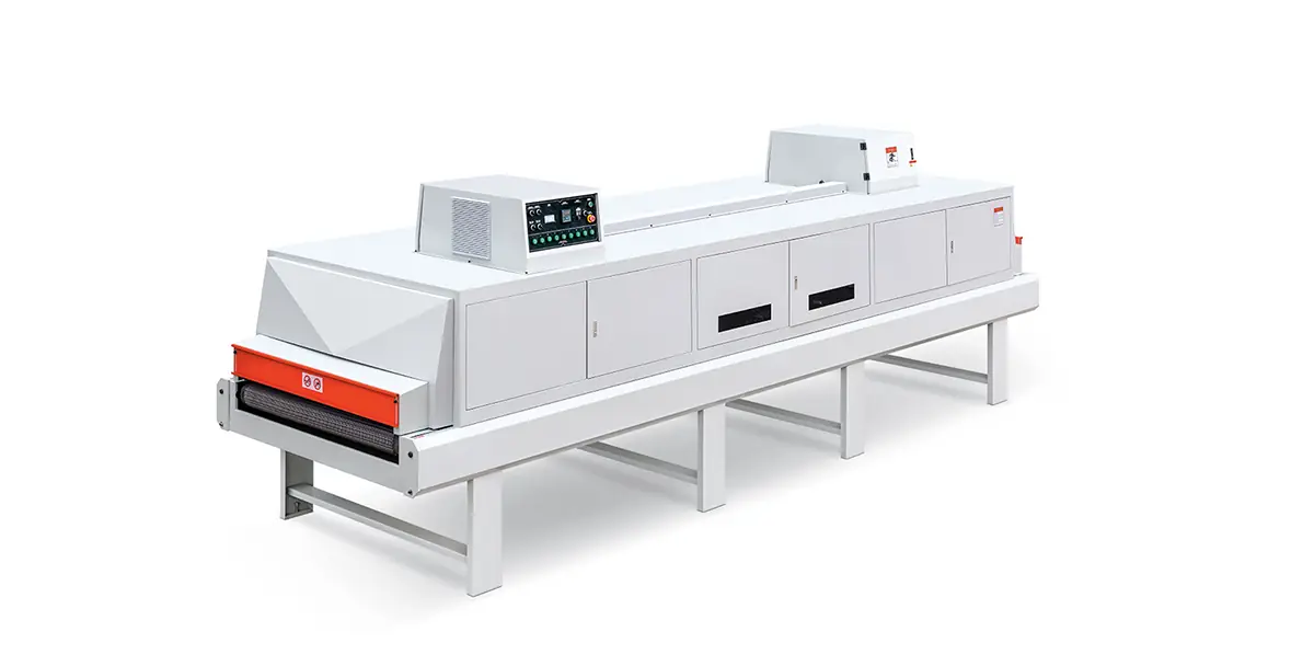 Wood Panel UV Coating Line IR Heating Leveling Machine, front view on the assembly floor