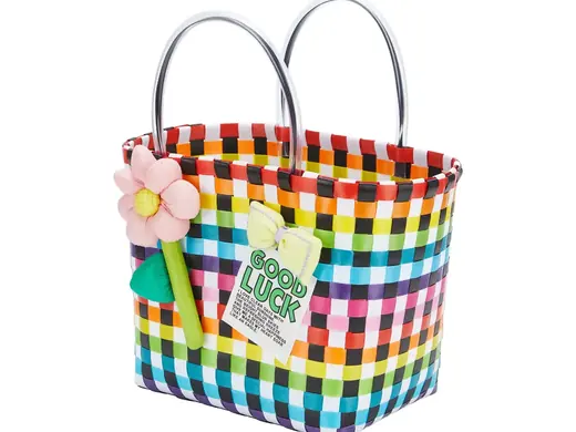 Rainbow Pattern Woven Plastic Beach Basket Bag for Camping