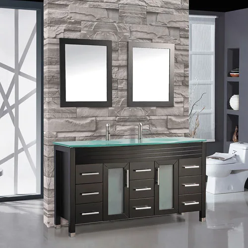 Wood Bathroom Vanity Double Glass Sink 1500mm Width