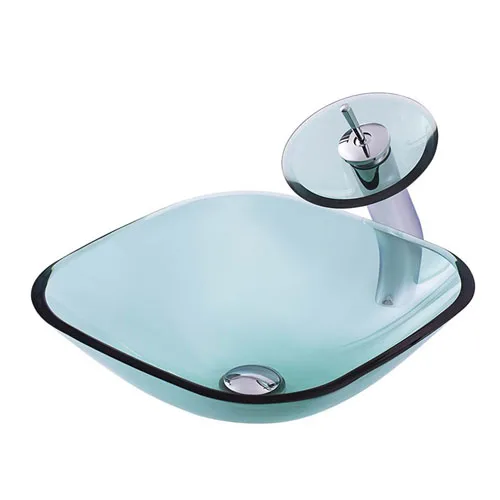 Square Glass Bowl Transparent Green Vessel Sink