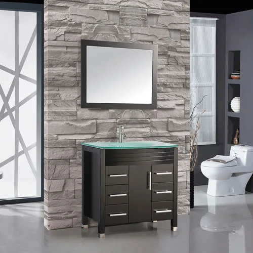Wood Bathroom Vanity Single Glass Sink 900mm Wide