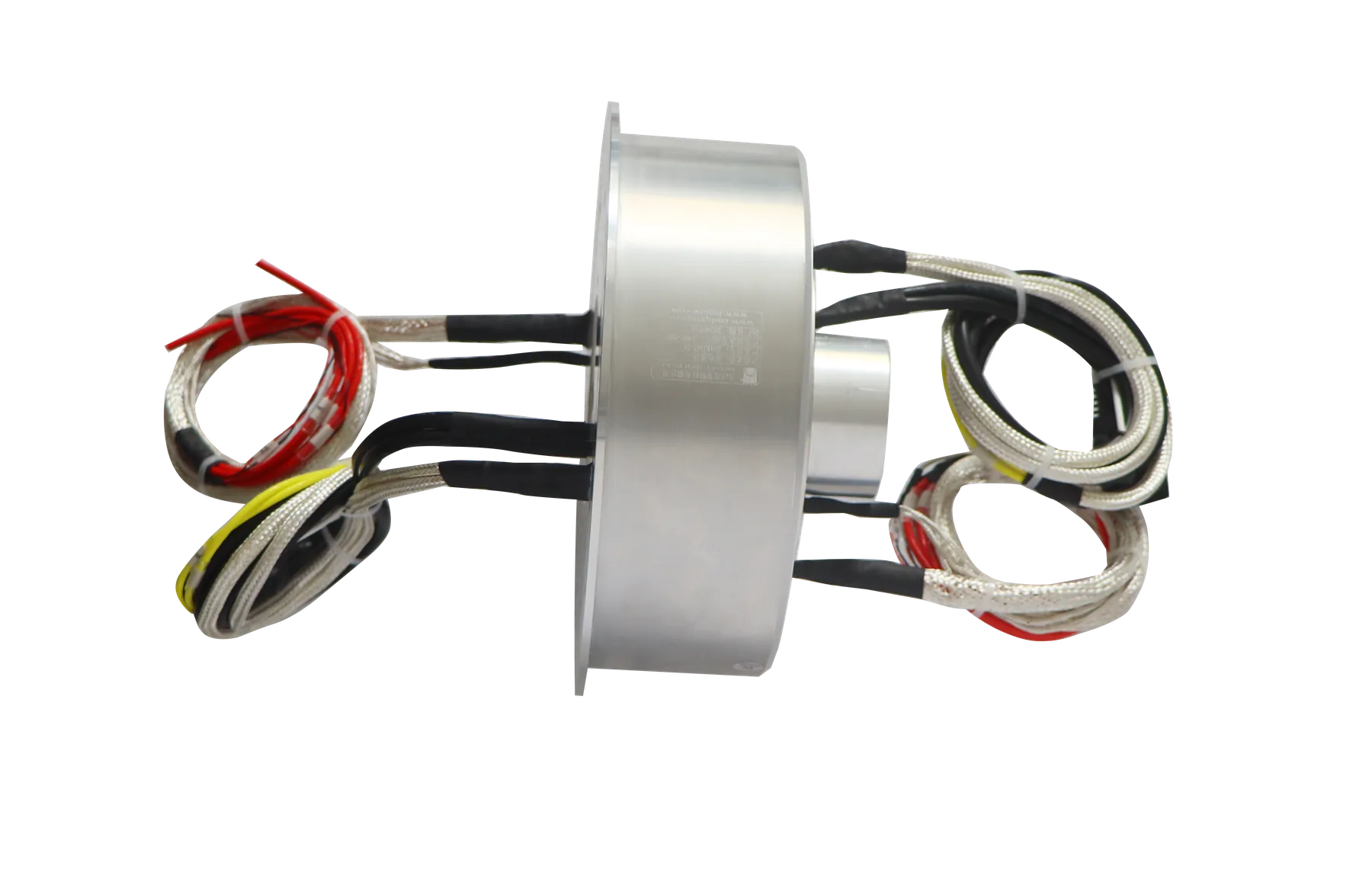 INGIANT through bore Ethernet slip ring with shielded lead bundles on a black background