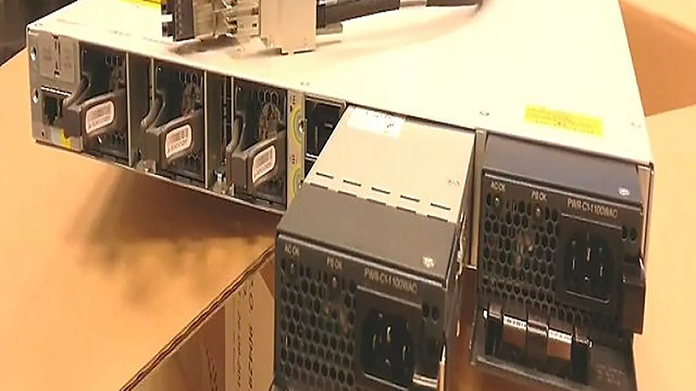 Catalyst chassis on the inspection bench with power supplies removed