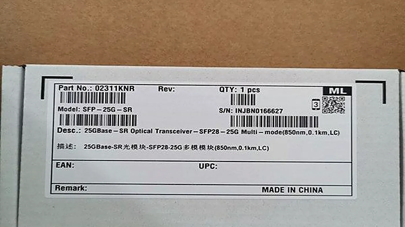 Close-up of a factory part number and serial label before packing