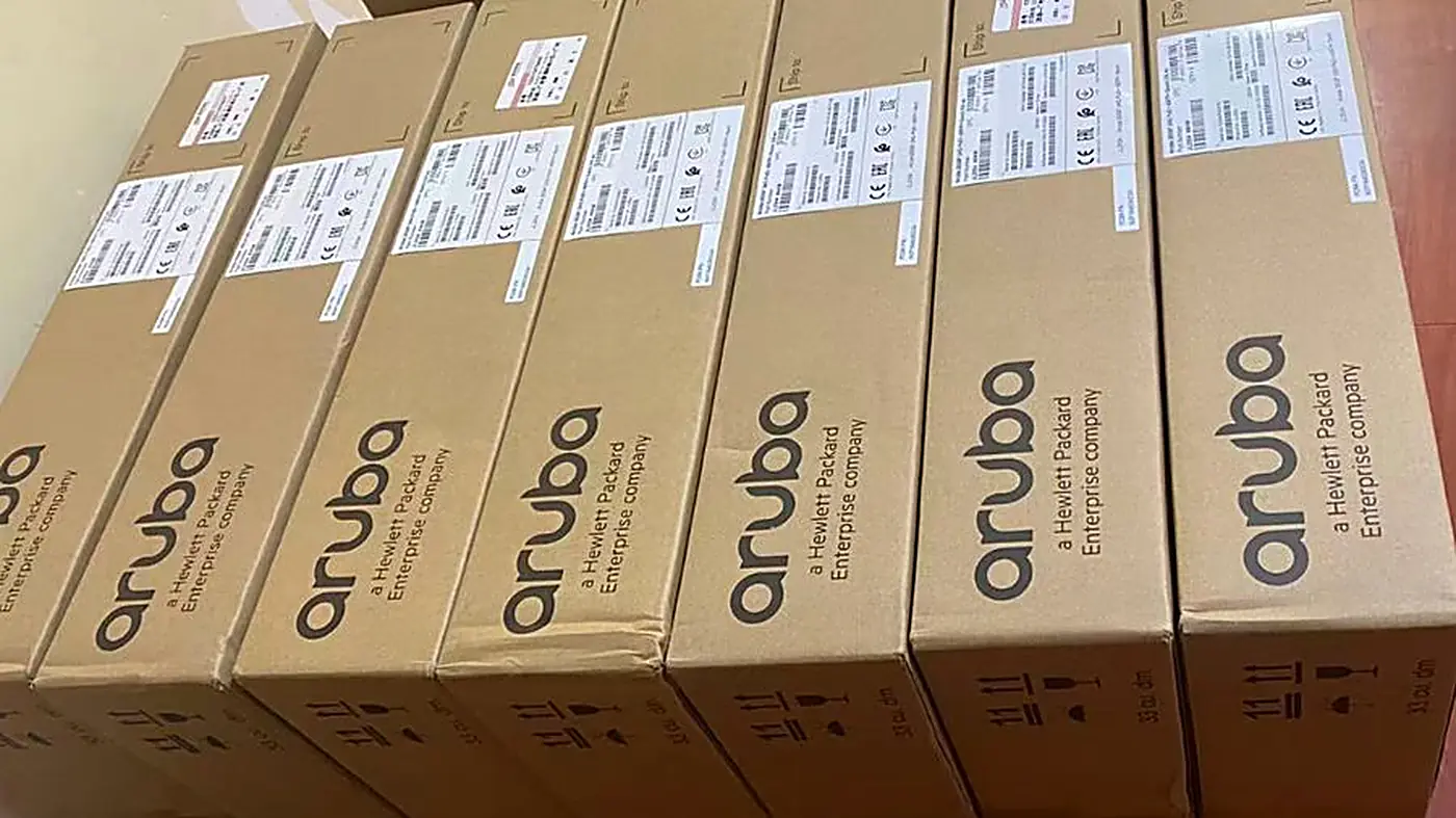 Aruba switch cartons shelved and sorted by part number