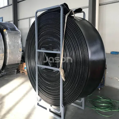 16 inch TPU layflat hose on a storage rack