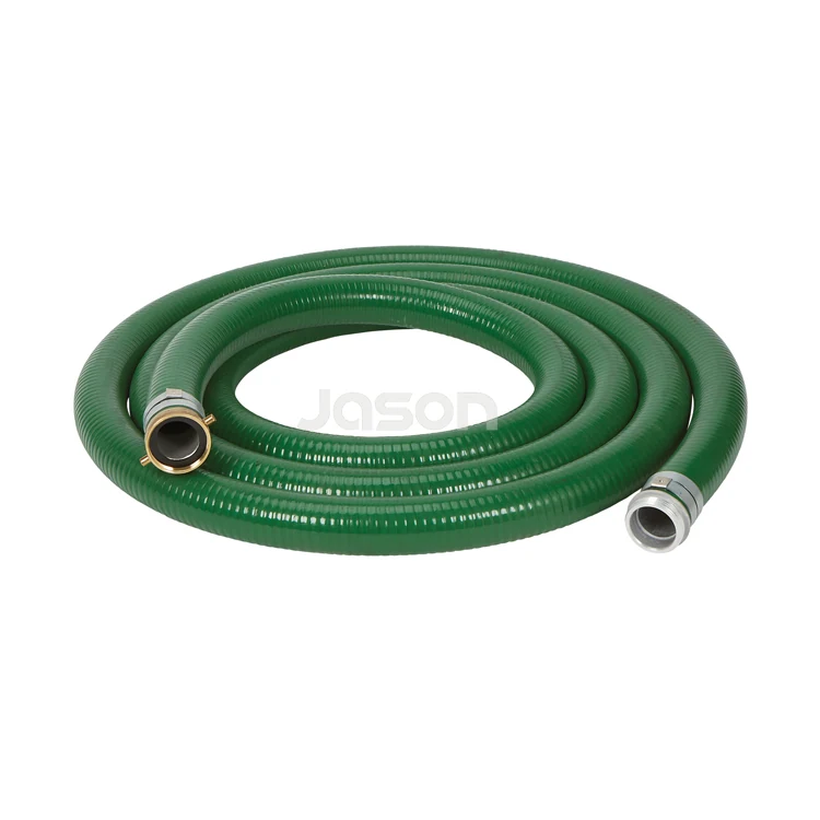Green PVC suction hose coil with rigid helix