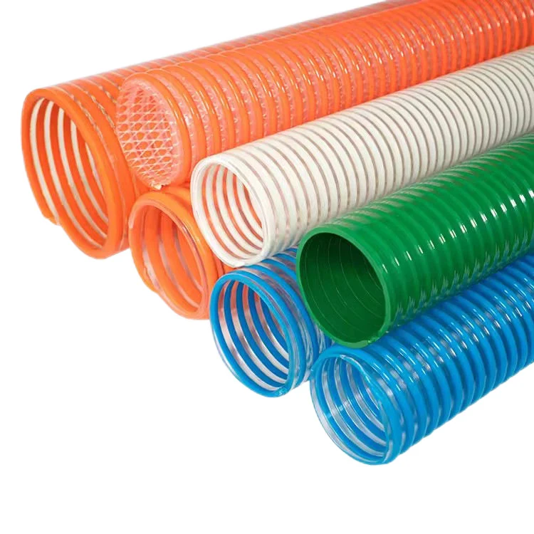 PVC suction hose in several colours showing the rigid helix construction