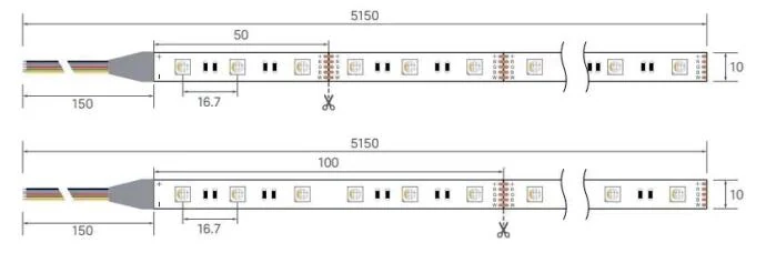 5050 LED Strip, Colorful Series, RGBW 60 LEDs/m technical drawing and optical data, sheet 2