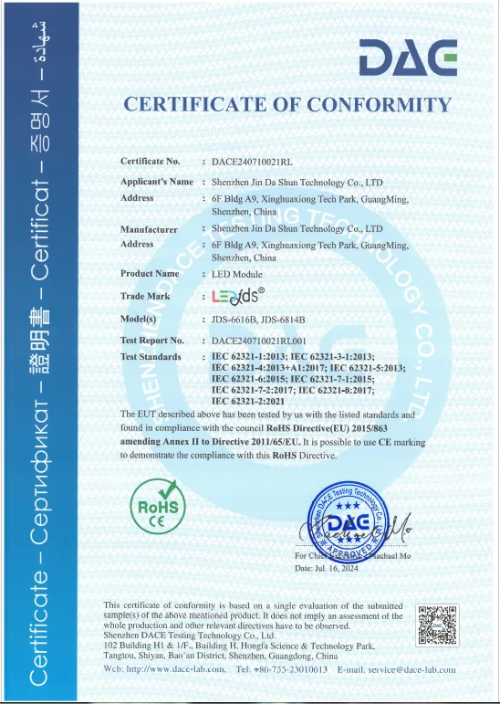 RoHS Certificate of Conformity issued to Shenzhen Jinda Shun Technology Co., Ltd.