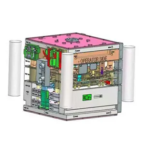 3D mold assembly render with the operator side marked