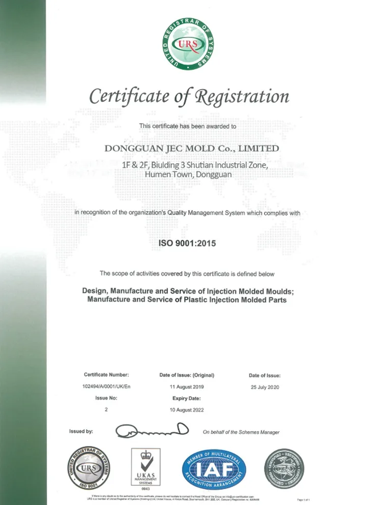 ISO 9001:2015 certificate of registration for Dongguan JEC Mold Co., Limited