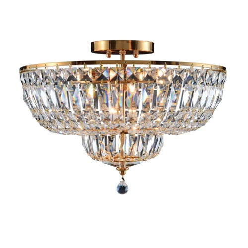 A16 flush mounting ceiling light with eight E14 lamp positions and clear crystal elements in a K Gold finish