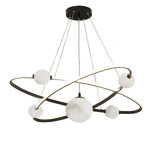 A13 Planet alabaster pendant light with five stone spheres on a black aluminum frame