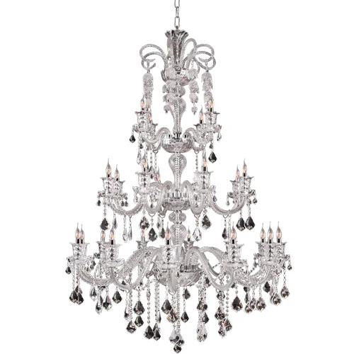 A04 Windbell chandelier light with 24 E14 lamp positions and clear crystal elements on a steel frame