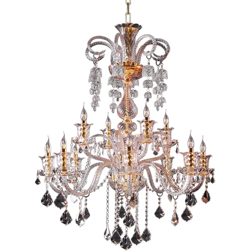 A03 Windbell chandelier light with twelve E14 lamp positions and clear crystal elements on a gold steel frame
