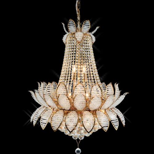 A05 Petal chandelier light photographed lit against a black background