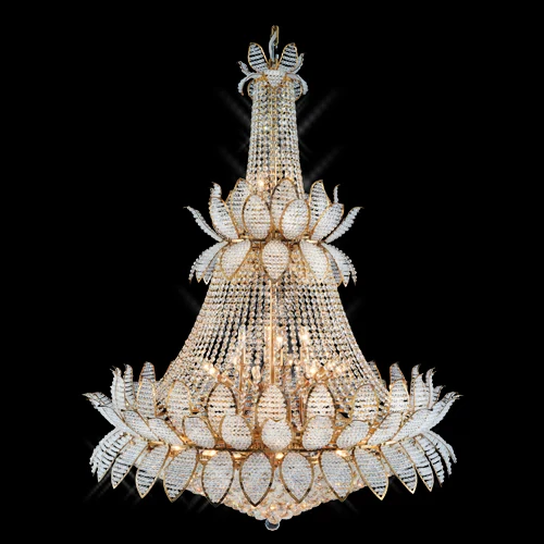 A06 Petal chandelier light photographed lit against a black background