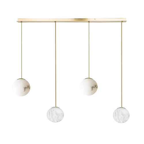 A14 Moon alabaster pendant light with four stone spheres on a gold frame