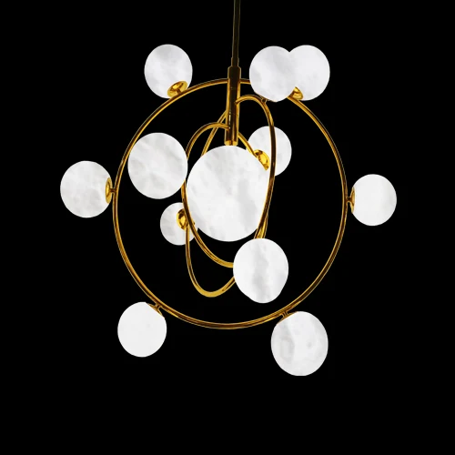 A11 Planet alabaster pendant light photographed lit against a black background