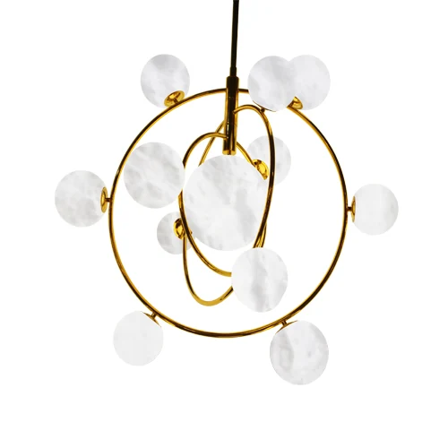 A11 Planet alabaster pendant light with thirteen stone spheres on a gold frame