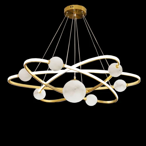 A12 Planet alabaster pendant light photographed lit against a black background