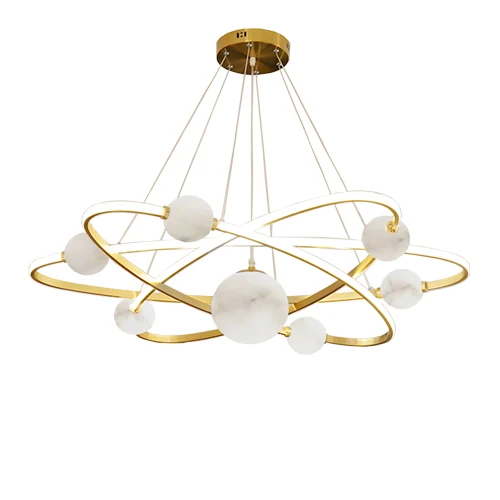 A12 Planet alabaster pendant light with seven lamp positions and a brass finish