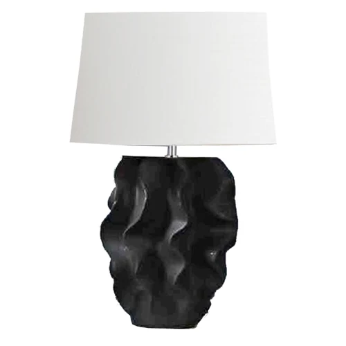 B10 Wave ceramic table light with a wave-shaped ceramic base and white linen shade